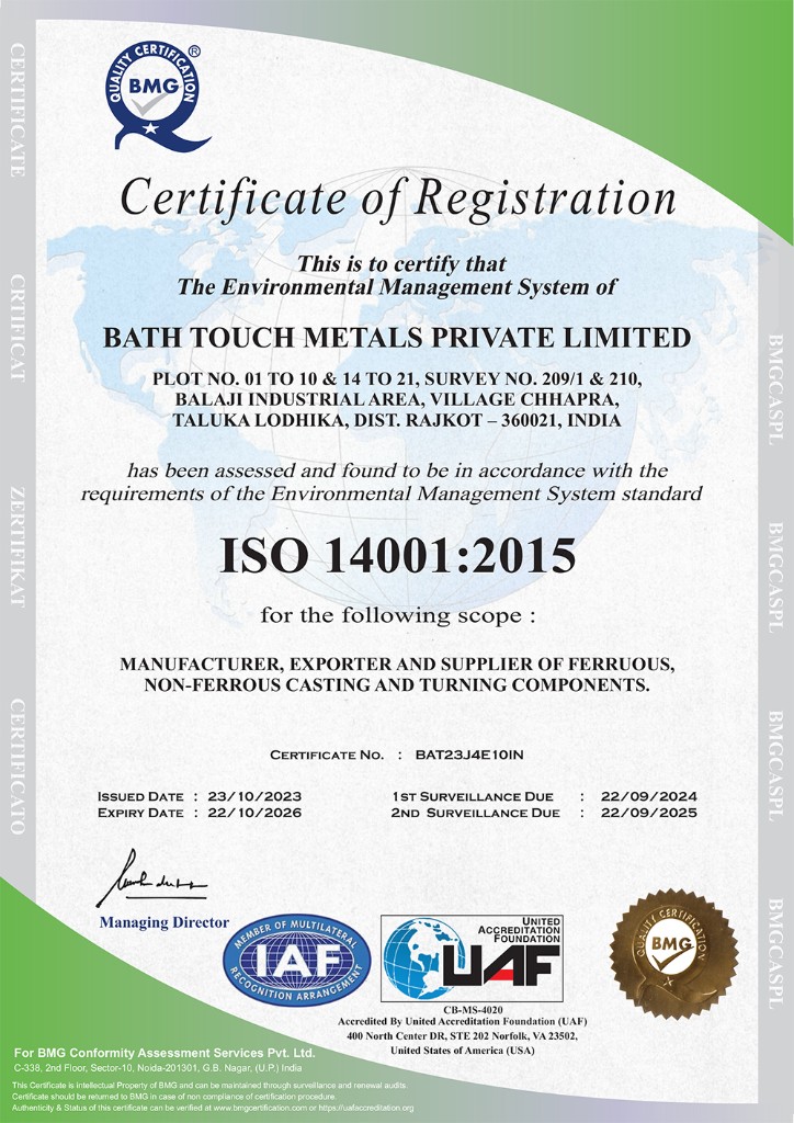 ISO 14001 2015 certificate for Bath Touch Metals Pvt. Ltd.