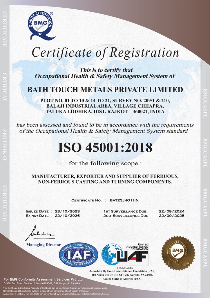 ISO 45001 2018 certificate for Bath Touch Metals Pvt. Ltd.