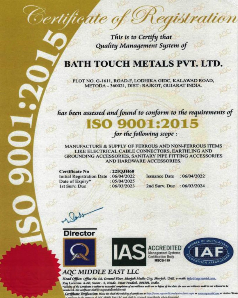 ISO 9001 2015 certificate for Bath Touch Metals Pvt. Ltd.